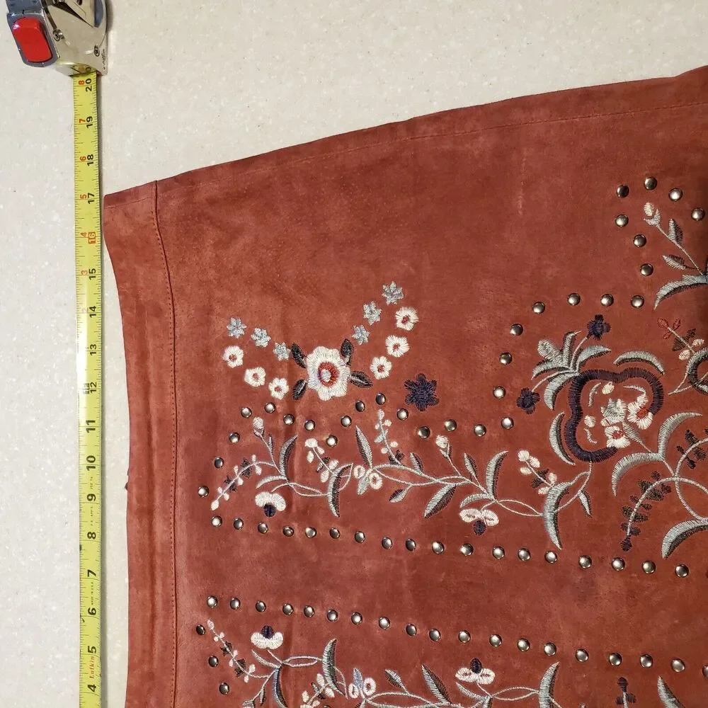 Willow & Clay Embroidered Mini Skirt Brown M Leather Floral Bohemian Lined